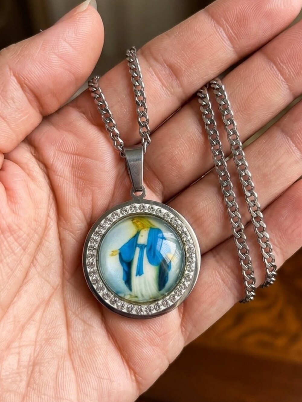 Virgin Mary Pendant Necklace - Round Crystal Medallion with Stainless Steel...